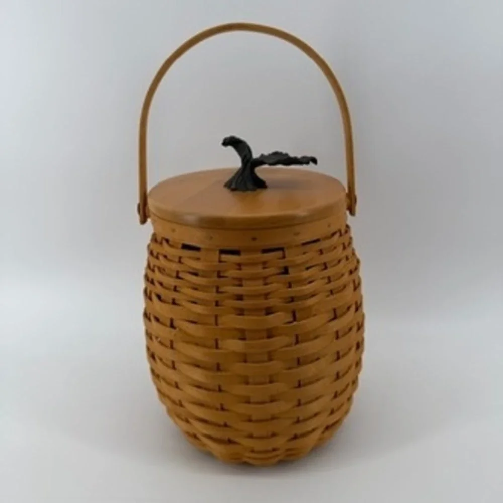 Longaberger Woodcrafts Woven Barrel Basket with Wood Lid and Metal Leaf Handle